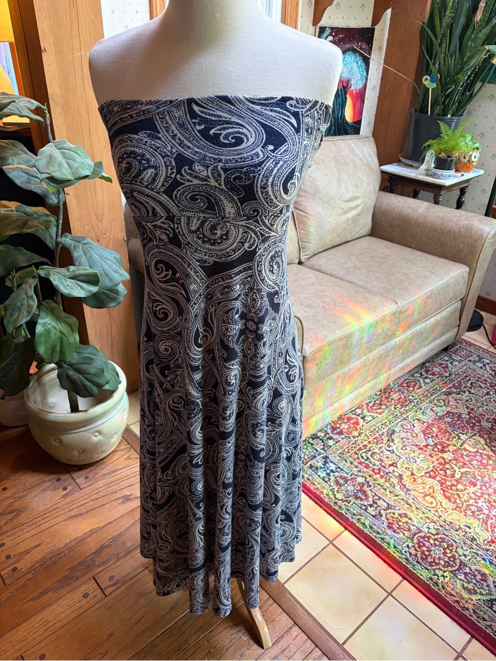LLR Women’s Navy/White Paisley foldover Maxi Skirt CONVERTS to strapless dress